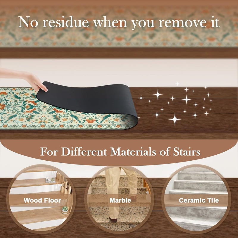 Ojia Floral Stair Treads Non-Slip Stair Runner for Wooden Steps Indoor 15PCS 30"x8" Carpet Stair Treads Stair Mats Staircase Step Treads for Kids, Elders and Dogs, Stair Covers, Beige - Image 4